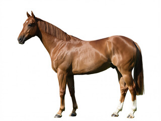 Obraz premium Stunning chestnut horse standing gracefully, ideal for equine enthusiasts and advertisements, showcasing strength, beauty, and vibrant health against white background