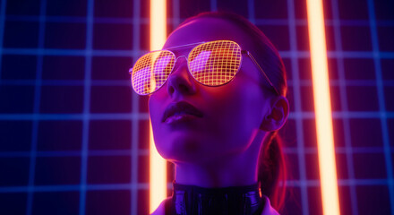 Cyberpunk woman with retro-futuristic sunglasses gazing upwards against a backdrop of neon grid lines and glowing lights