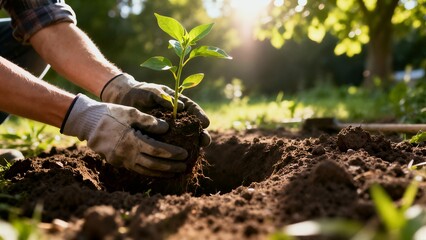 Hands in protective gloves carefully plant a young green sapling into rich, dark soil in a sunlit outdoor garden or forest setting.