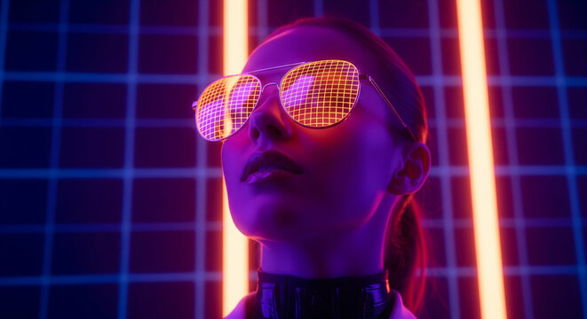 Cyberpunk woman with retro-futuristic sunglasses gazing upwards against a backdrop of neon grid lines and glowing lights