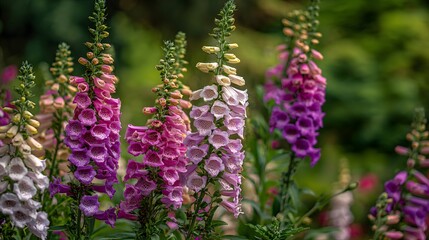 Vibrant colorful foxglove flowers blooming in a summer garden.