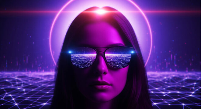 Futuristic Portrait Woman with Cyberpunk Sunglasses and Neon Glow in a Digital World