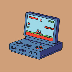 Stylized illustration of a retro blue handheld gaming console displaying a pixelated 2D platformer game with a character on a kart.