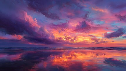 Vibrant colorful sunset sky with dramatic clouds reflected in the ocean water.