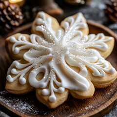 Snowflake Sugar Cookies with Icing on Rustic Wooden Plate &ndash; Cozy Winter Holiday Dessert Aesthetic.