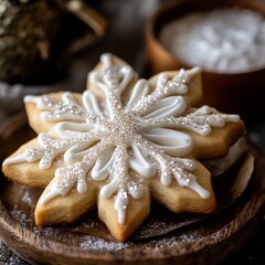 Snowflake Sugar Cookies with Icing on Rustic Wooden Plate &ndash; Cozy Winter Holiday Dessert Aesthetic.