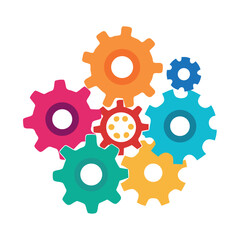 Bright colorful gear icons interconnected, flat vector style