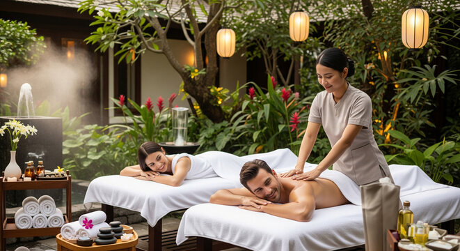 Massage at a spa with a therapist and a couple in love outdoors. Wellness therapy focuses on back treatment and body care in a clinic, promoting relaxation and balance.