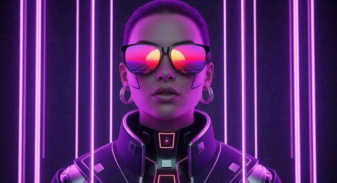 Futuristic portrait of a cool woman with short hair and sunglasses, illuminated by glowing purple neon lines