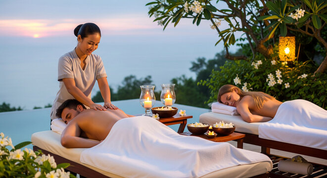 Massage at a spa with a therapist and a couple in love outdoors. Wellness therapy focuses on back treatment and body care in a clinic, promoting relaxation and balance.
