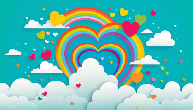 vibrant rainbow hearts rising from fluffy white clouds on a teal blue sky background