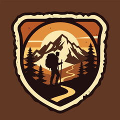 Vintage logo badge of man trail hiking mountain pine tree forest and lake river with backpack. Rustic outdoor retro old emblem editable vector illustration