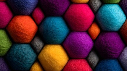 Vibrant hexagonal honeycomb pattern of colorful yarn balls.
