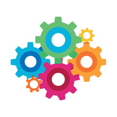 Bright colorful gear icons interconnected, flat vector style