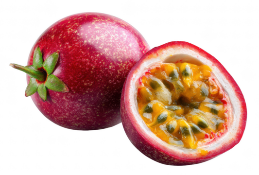 Single passionfruit and half fruit with seeds, isolated on transparent background, detailed tropical fruit texture, clean composition
