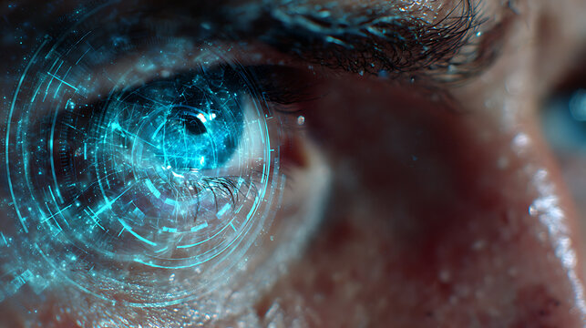 Futuristic eye scan with glowing blue digital interface biometric technology - Powered by Adobe