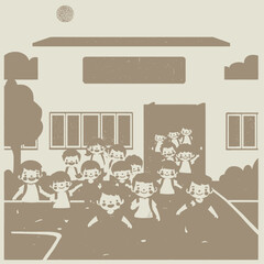 Illustration of a group of happy children with backpacks in front of a school building, possibly arriving or leaving.