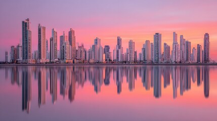 Vibrant pink sunset over a modern city skyline with perfect water reflection.
