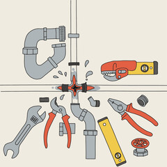 Illustration of plumbing repair with leaking pipes and various tools.