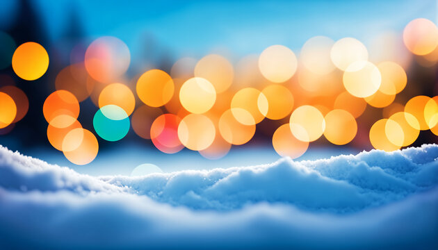 snow surface with warm orange and yellow bokeh lights on blue background - Powered by Adobe