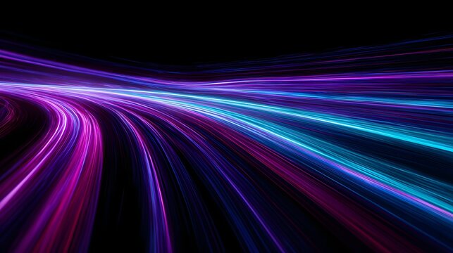 Vibrant purple and blue light trails moving at high speed on a dark background creating a futuristic abstract effect.