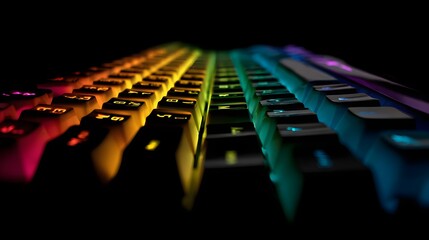Vibrant rainbow RGB backlit mechanical gaming keyboard in the dark.
