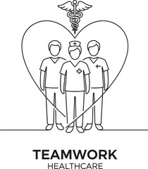 Healthcare Teamwork Illustration,Medical Team Line Art Designk,Healthcare Workers Team Graphic,Doctor and Nurse Teamwork Drawing.