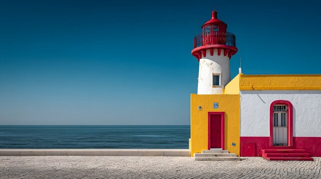 Vibrant red and yellow lighthouse on a sandy beach with a clear blue sky.