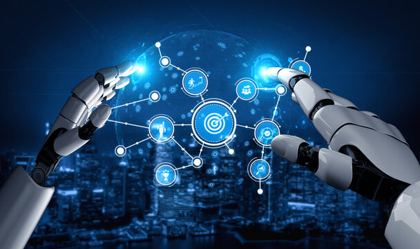 A pair of robotic hands interacts with a luminous digital interface displaying various icons, symbolizing innovation in technology and smart city evolution. Tessel