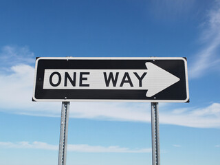 Navigate the future with clarity and purpose using this directional One Way sign against a bright blue sky, offering clear path guidance and travel direction