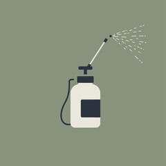 A minimalist illustration of a white spray bottle with a long nozzle emitting a fine mist.
