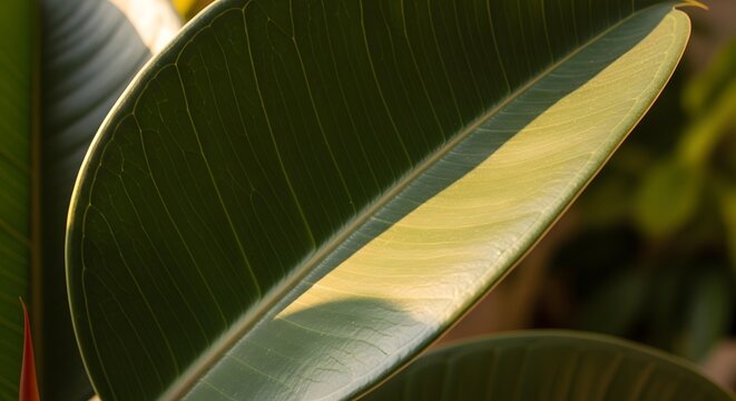 Glossy dark green rubber plant leaf with sunlight shadow texture detail
