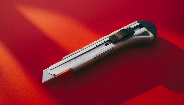 Box cutter knife placed diagonally on bright red background, sharp, clean, and bold product look.