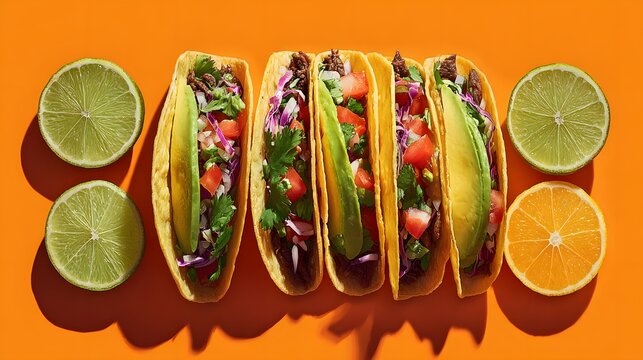 Vibrant top down view of five delicious Mexican tacos with fresh ingredients and citrus fruits on an orange background.