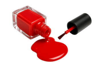 Spilled red nail polish bottle and brush isolated on transparent background PNG