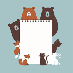 Cute cartoon animals surrounding a blank spiral notebook on a light blue background, perfect for notes or messages.