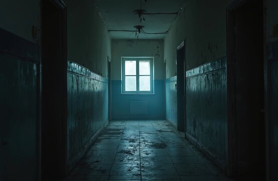 Dark abandoned building corridor with shabby walls and dirty tiled floor. Scary atmosphere fills empty hall. Light from distant window brightens derelict space, showing decay and destruction.