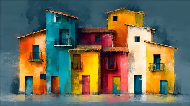 Vibrant watercolor painting of colorful abstract houses in a village. - Powered by Adobe
