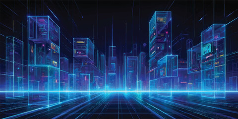 Futuristic digital city design with a blue binary code background creating a flowing data pattern like abstract city lights on a computer screen © JAHURA