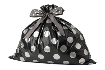 A shiny black gift bag with silver polka dots is tied with a grey ribbon, presented on a black background, ready for a special occasion.