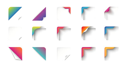 Set of blank paper elements with gradient peeled corners isolated