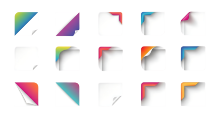 Set of blank paper elements with gradient peeled corners isolated