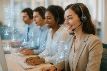 Customer Support Professionals: A dynamic team of customer support representatives, each wearing a headset and focused on their screens, provides stellar customer service.