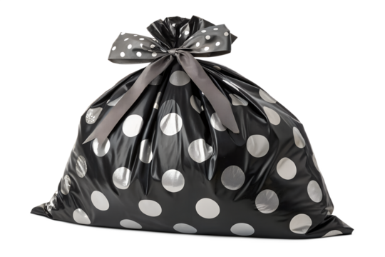 A shiny black gift bag with silver polka dots is tied with a grey ribbon, presented on a black background, ready for a special occasion.