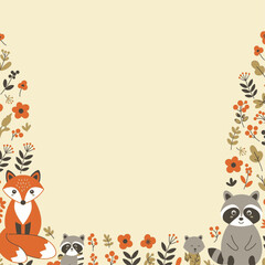 A cute autumn-themed frame with cartoon forest animals like a fox, raccoons, and a bear, surrounded by colorful fall flowers and leaves on a light background.