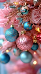 Luxury Turquoise and Pink Christmas Ornaments with Glitter and Feathers. Perfect festive detail for luxury holiday decor themes, romantic and whimsical style. 