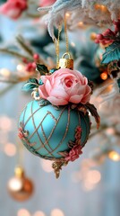 Luxury Turquoise and Pink Christmas Ornaments with Glitter and Feathers. Perfect festive detail for luxury holiday decor themes, romantic and whimsical style. 