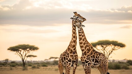 Two giraffes necking in the African savanna at sunset.