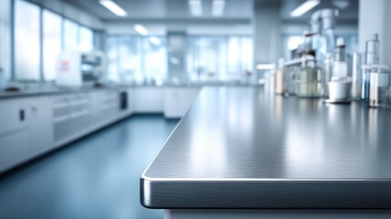 Clean and Modern Laboratory Workspace with Stainless Steel Countertop and Bright Windows Illuminating Scientific Instruments and Equipment