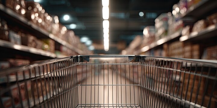 Empty shopping cart in a grocery store aisle
